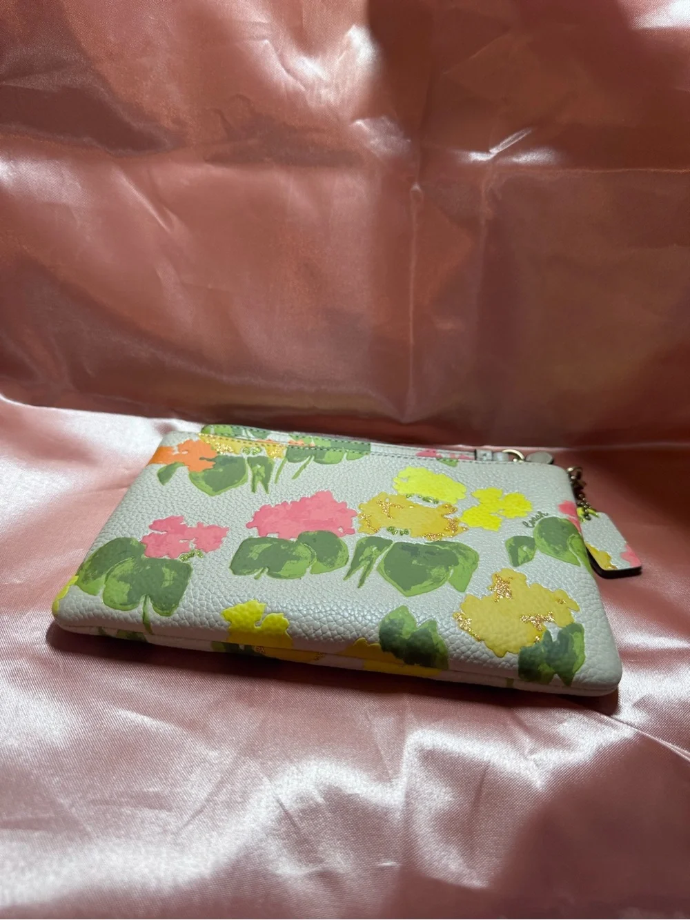 COACH Floral Pebbled Leather Wristlet in White with Pink, Yellow & Green